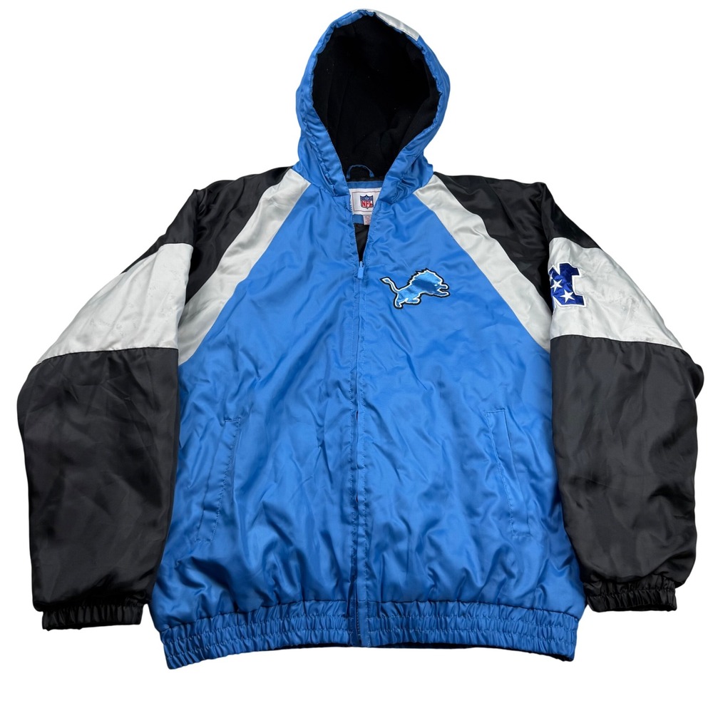 VTG NFL Detroit Lions Hooded Jacket Blue XL Full Zip Colorblock Embroidered